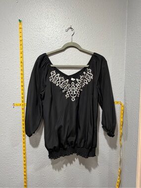 White House Black Market Black Embroidered Peasant Blouse M